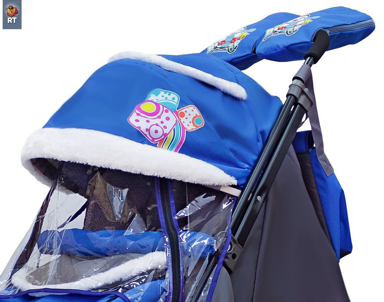 Санки-коляска Snow Galaxy City-1-1, дизайн - 2 Медведя на облаке на синем фоне, на больших надувных колёсах с сумкой и варежками  